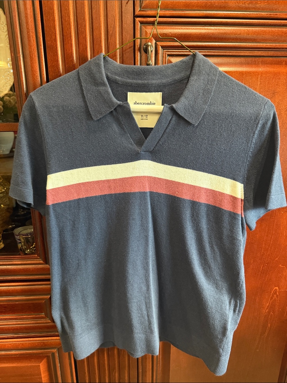 Abercrombie & Fitch Navy Polo with Cream and Pink Chest Stripes